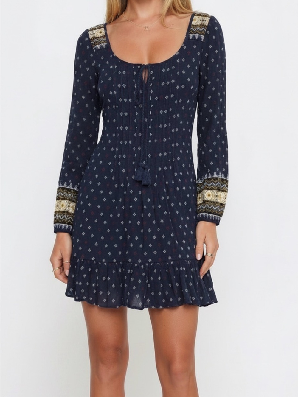 Navy Boho Long-Sleeve Mini Dress with Tassel Tie
